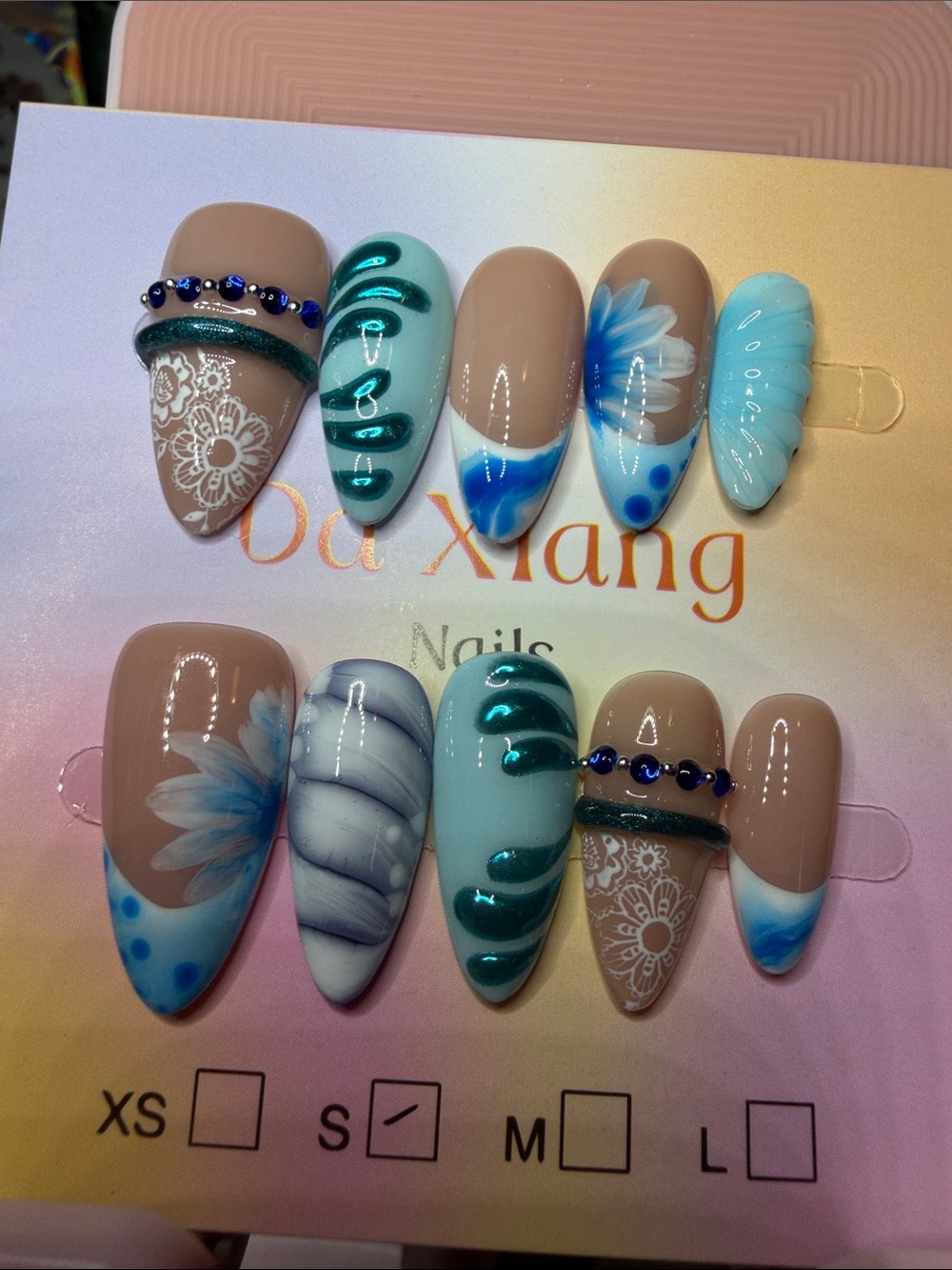Aqua & Nude Floral Gel Press-On Nail Set